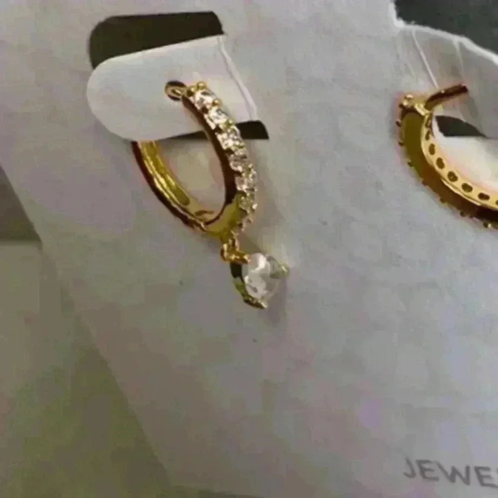 18K Gold Tear Drop Crystal Huggie Hoop Earrings - Picture 4 of 5